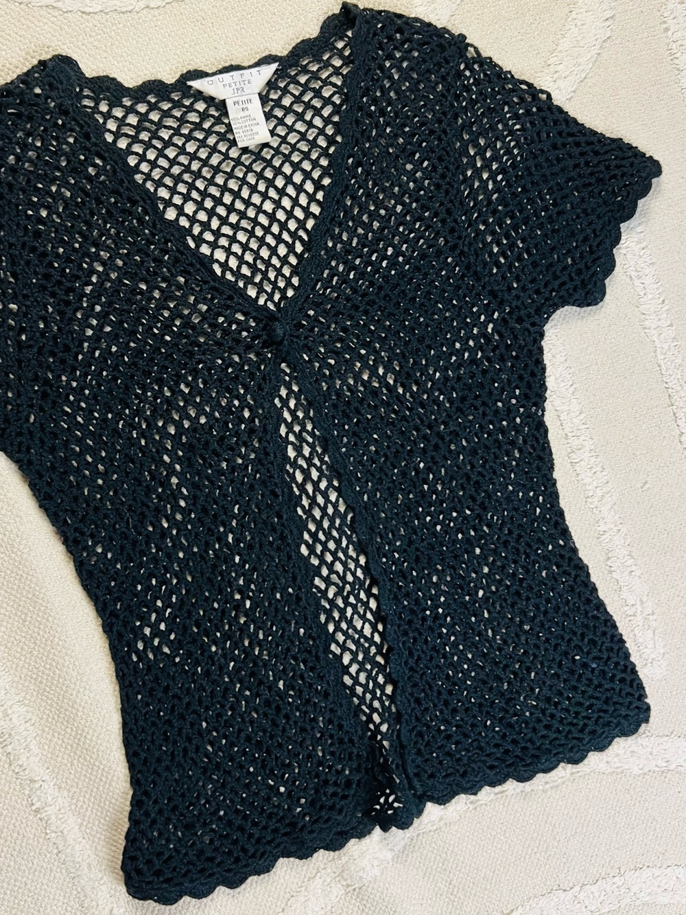 Y2K Outfit Petite Black Open-Stitch Crochet Cardigan – Ramie Cotton Blend – S